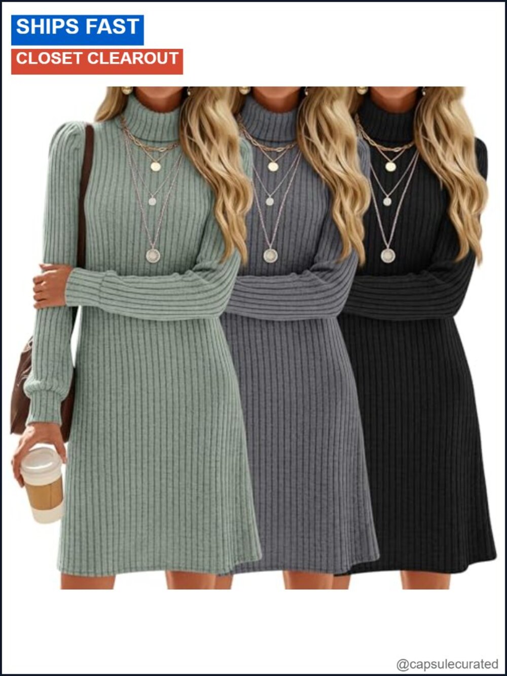 3 Pack Women's Ribbed Knit Turtleneck Sweater Dress Mini Bodycon A-Line